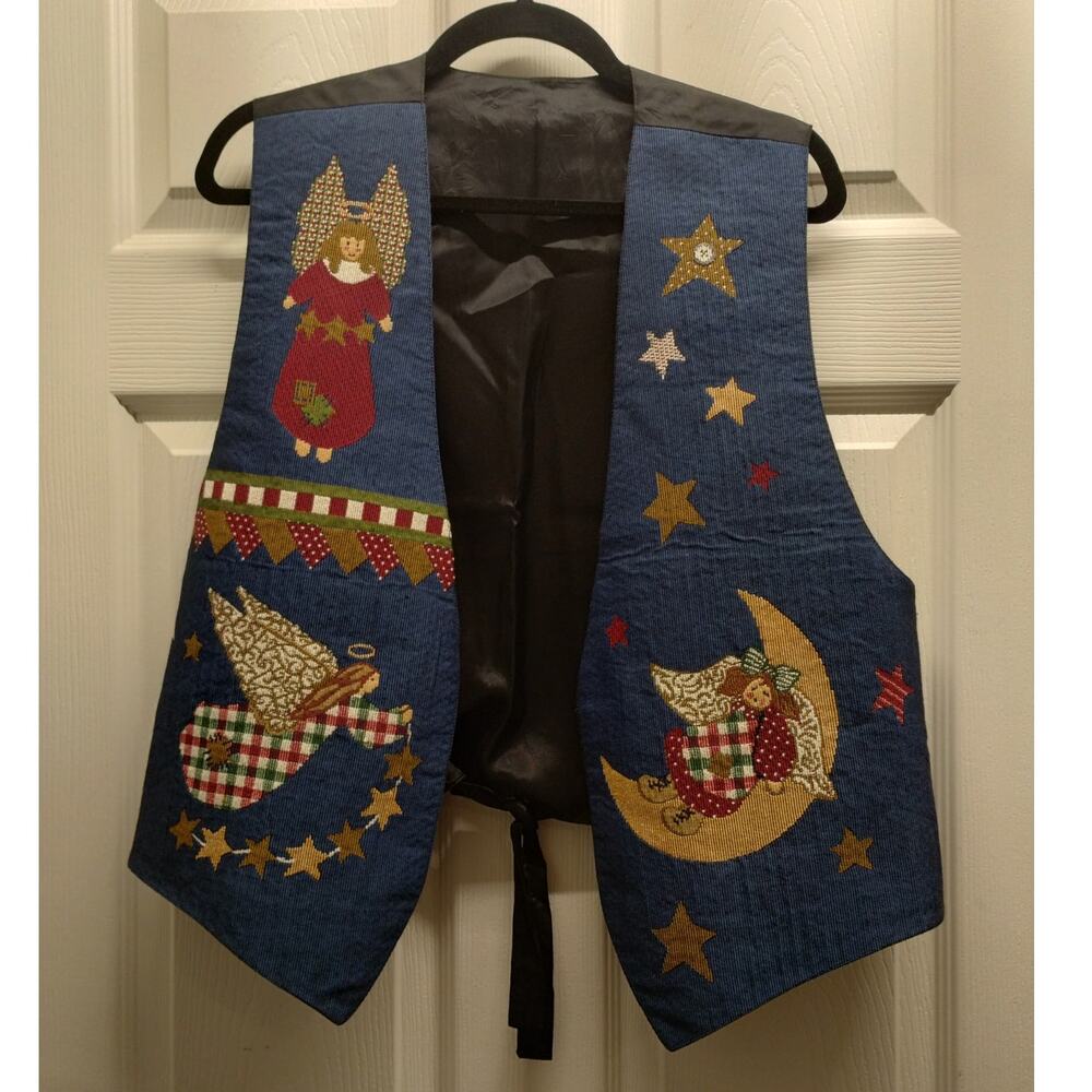 Angel Tapestry One Size Open Front Tie Back Vintage-Inspired Holiday Vest